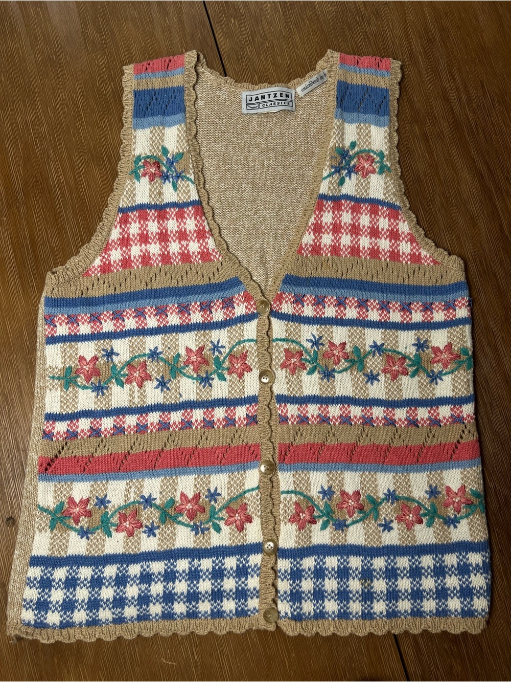 Vintage Hand-stitched Floral Embroidered Knit Vest Sweater - Tan with Blue & Red
